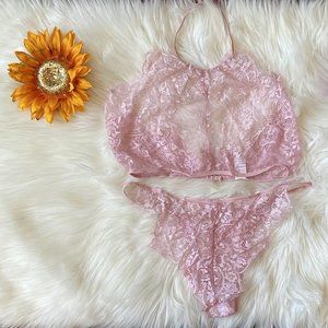 Women's Matching Lingerie Pink Lace Mesh Bra Panty Set SMALL THORUGH 2XL